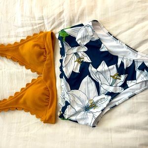 Mustard, white and green flower two piece swimsuit. Size L . From cup she
